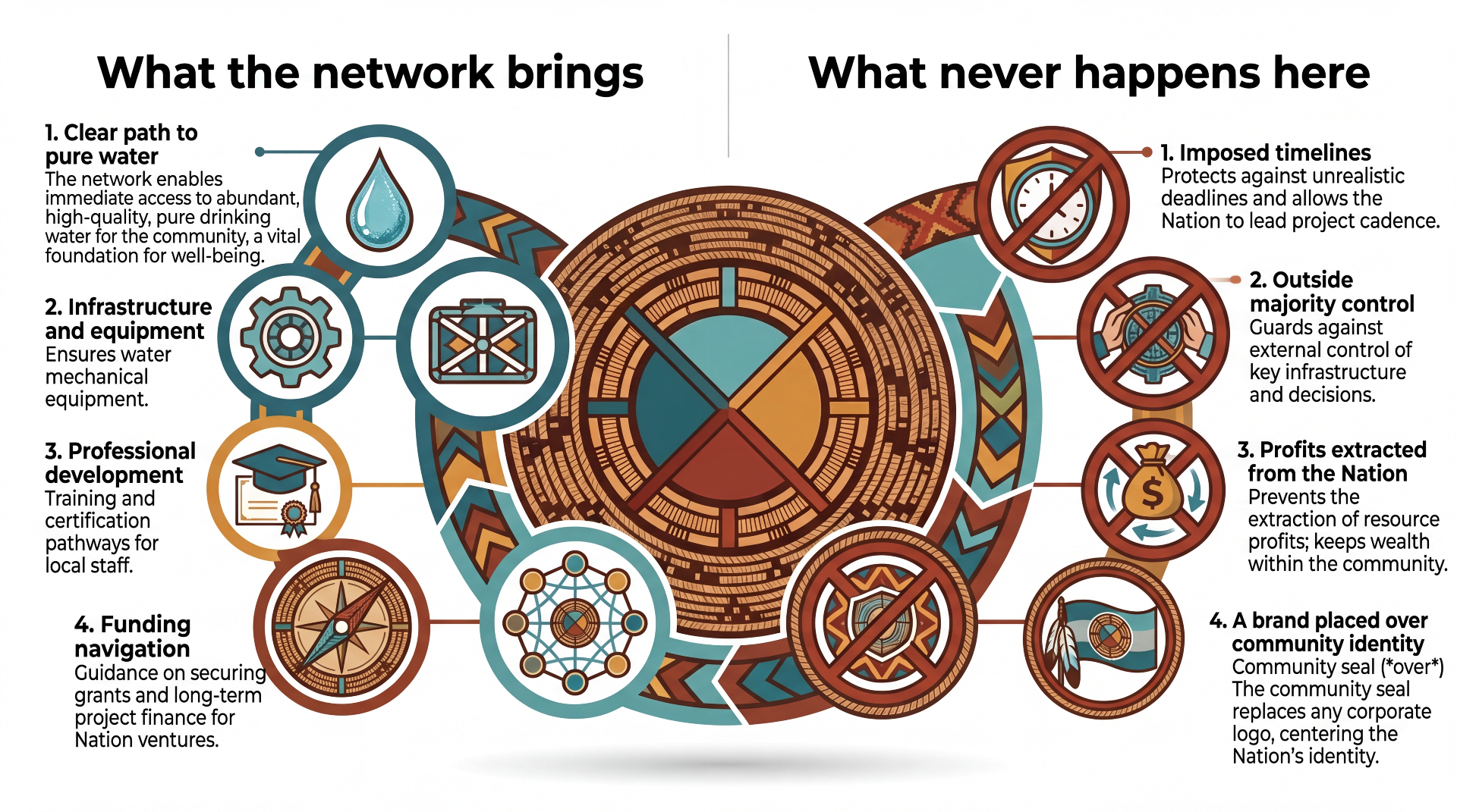 What the network brings: clear path to pure water, infrastructure and equipment, professional development, funding navigation, and a national support network. What never happens here: imposed timelines, outside majority control, profits extracted from the Nation, and a brand placed over community identity.