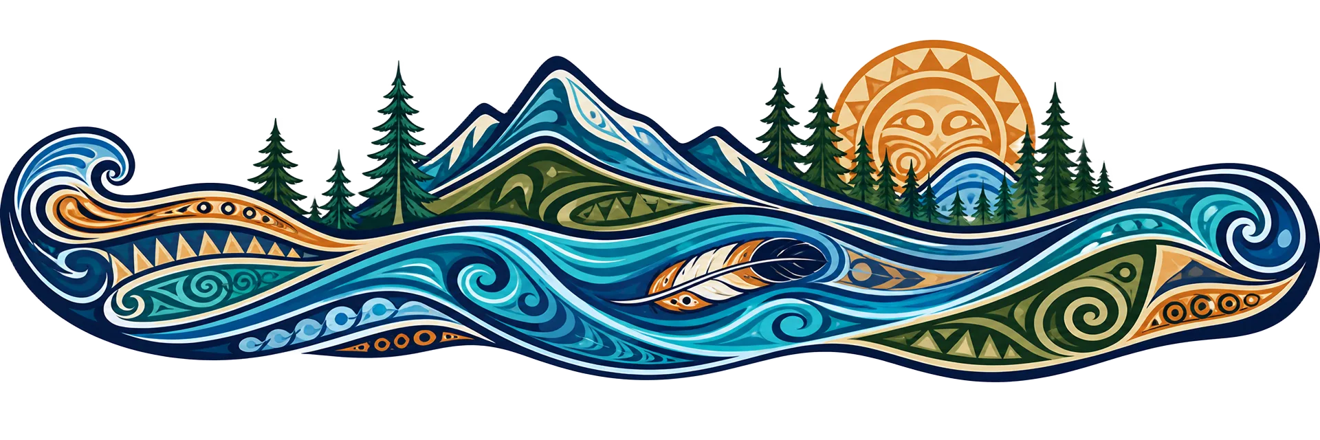 Decorative river and mountain band with Indigenous motifs