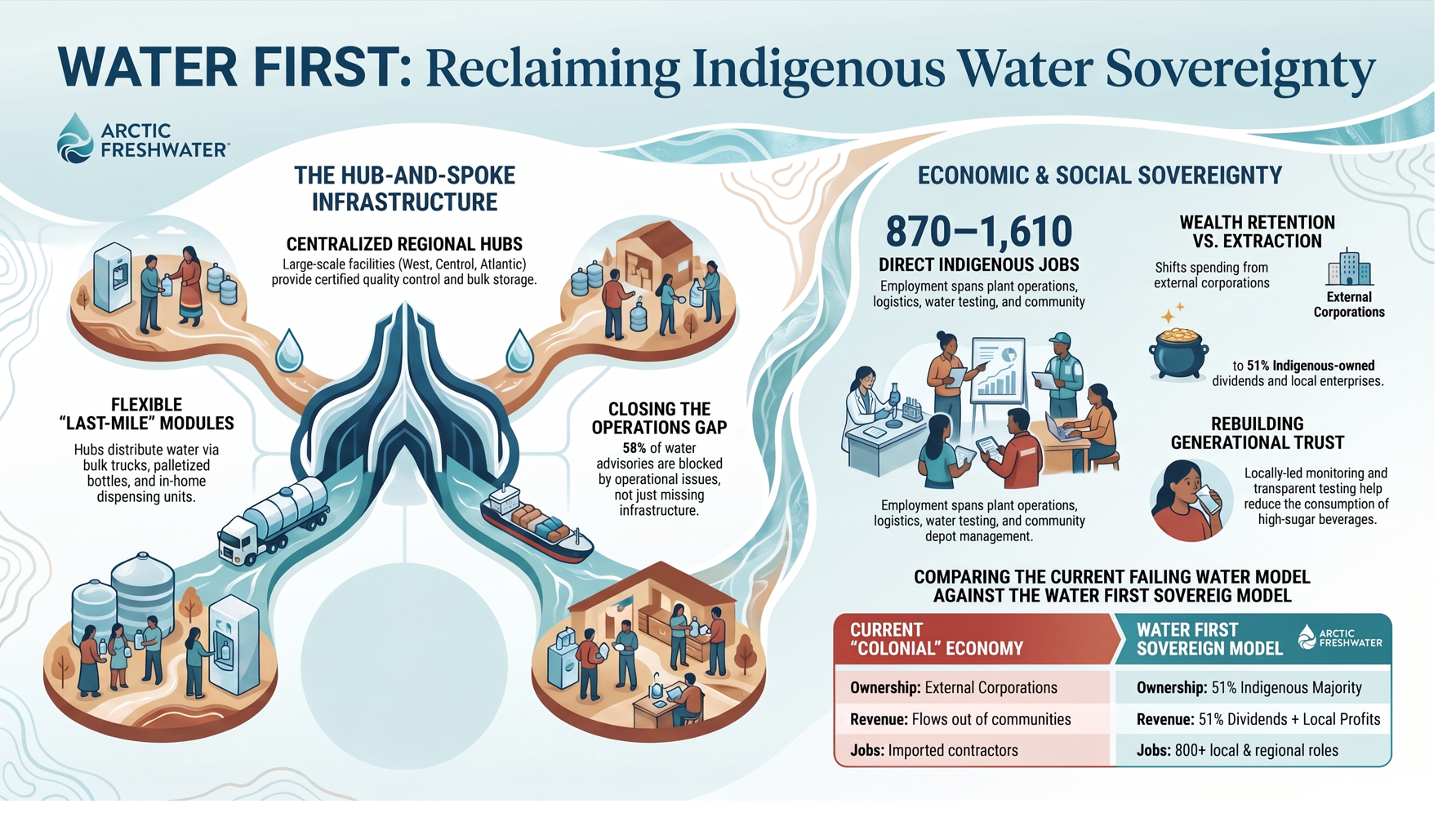 Water First: Reclaiming Indigenous Water Sovereignty - hub-and-spoke infrastructure, economic and social sovereignty, and the Water First sovereign model.
